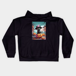 Black halloween cat with spooky pumpkins Kids Hoodie